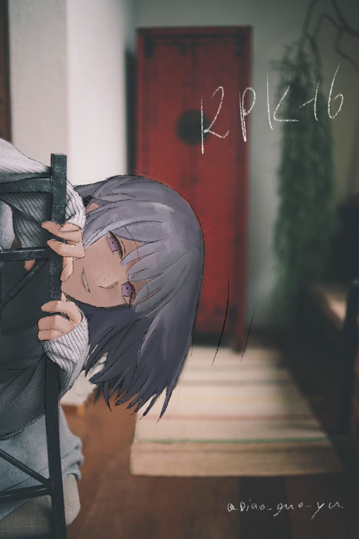 1girl, blurry, blurry_background, chair, character_name, diao_guo_yu, girls_frontline, grey_suit