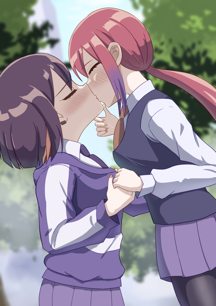 bad_girl_(manga), black_hair, blush, closed_eyes, earrings, hand_on_another's_chin, holding_hands, jacket