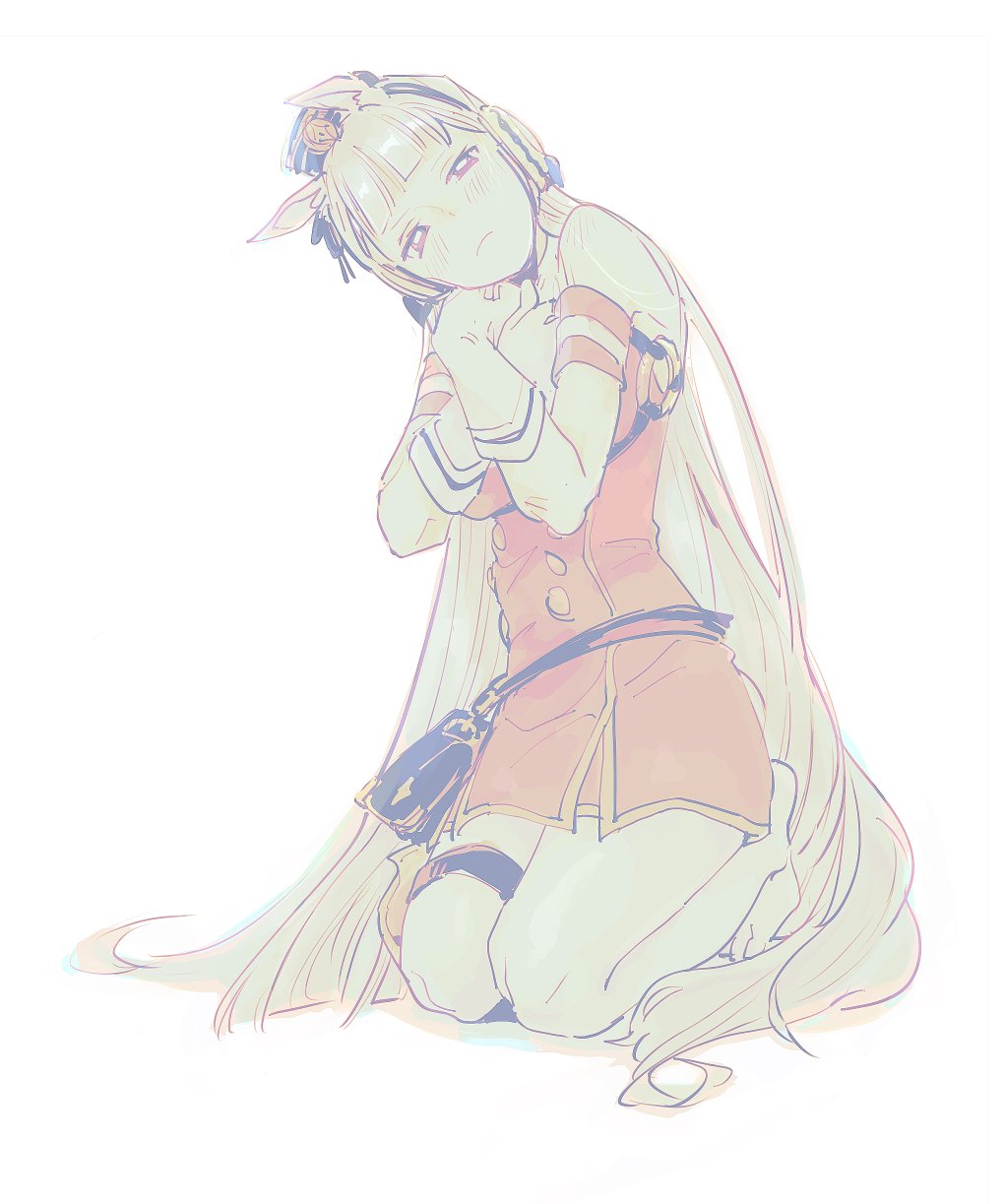 1girl, animal_ears, barefoot, blush, breasts, dress, gloves, gold_ship_(umamusume)