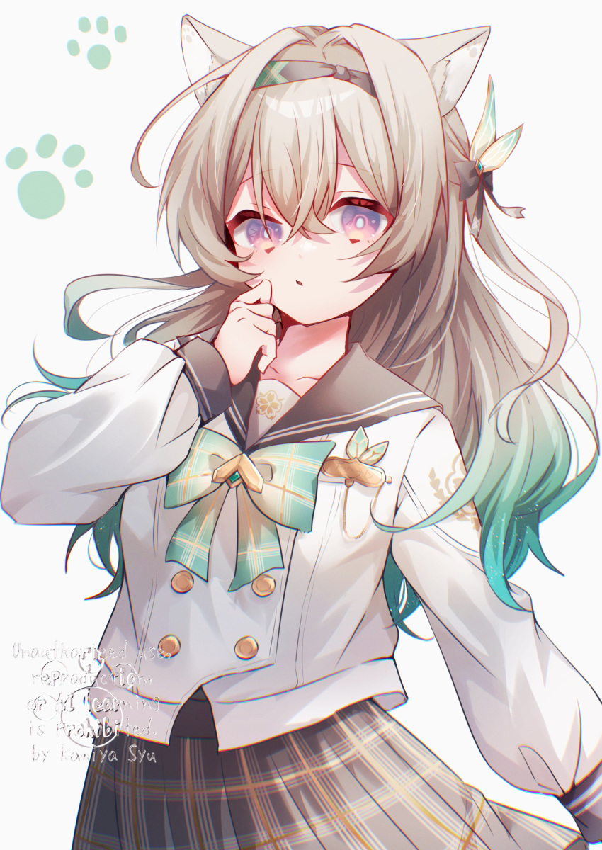 1girl, :o, absurdres, animal_ears, black_hairband, black_ribbon, black_sailor_collar, bow, bowtie, buttons, cat_ears, collared_shirt, double-breasted, english_text, firefly_(honkai:_star_rail), firefly_(spring_missive)_(honkai:_star_rail), gradient_eyes, gradient_hair, green_bow, green_bowtie, green_pupils, grey_hair, grey_skirt, hair_between_eyes, hair_intakes, hair_ornament, hair_ribbon, hairband, hand_on_own_face, highres, honkai:_star_rail, honkai_(series), komiya_shuu, long_hair, multicolored_eyes, multicolored_hair, open_mouth, paw_print, paw_print_background, plaid_bow, plaid_bowtie, plaid_clothes, pleated_skirt, ribbon, sailor_collar, shirt, simple_background, skirt, solo, white_background, white_shirt