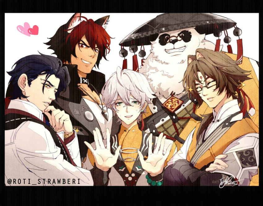 5boys, animal_ears, artist_name, blush, character_request, collar, crossed_arms, english_commentary