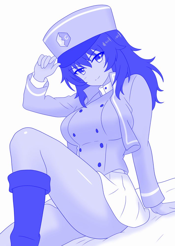 1girl, andou_(girls_und_panzer), bc_freedom_(emblem), bc_freedom_military_uniform, black_hair, blue_jacket, blue_vest, blush, boots, breasts, closed_mouth, collared_shirt, dark-skinned_female, dark_skin, dress_shirt, emblem, girls_und_panzer, hand_on_own_hat, hat, high_collar, jacket, kepi, knee_boots, large_breasts, long_sleeves, looking_at_viewer, medium_hair, messy_hair, military, military_hat, military_jacket, military_uniform, miniskirt, on_bed, peaked_cap, pleated_skirt, shira14, shirt, sitting, skirt, smile, solo, vest, white_skirt
