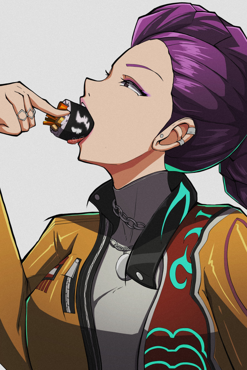 1girl, absurdres, braid, braided_ponytail, breasts, brown_eyes, chain, ear_piercing