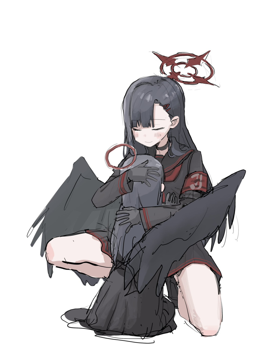 2girls, armband, black_gloves, black_hair, black_serafuku, black_skirt, black_wings, blue_archive