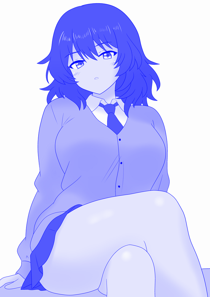 1girl, andou_(girls_und_panzer), bc_freedom_school_uniform, black_hair, blue_cardigan, blue_sweater, blue_theme, blush