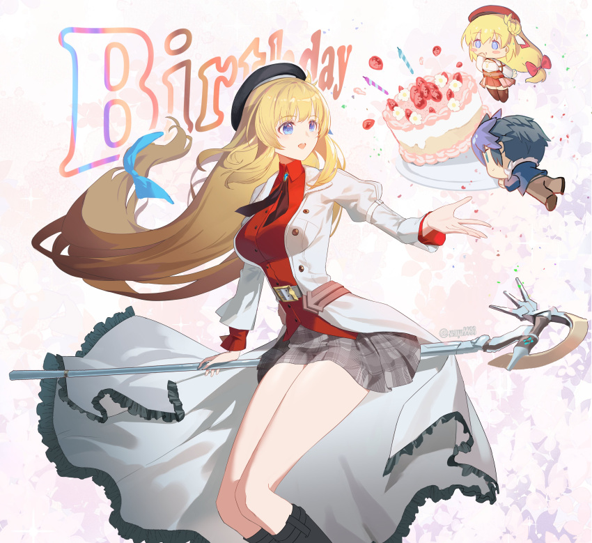 1boy, 1girl, absurdres, agnes_claudel, beret, birthday_cake, black_hair, blonde_hair