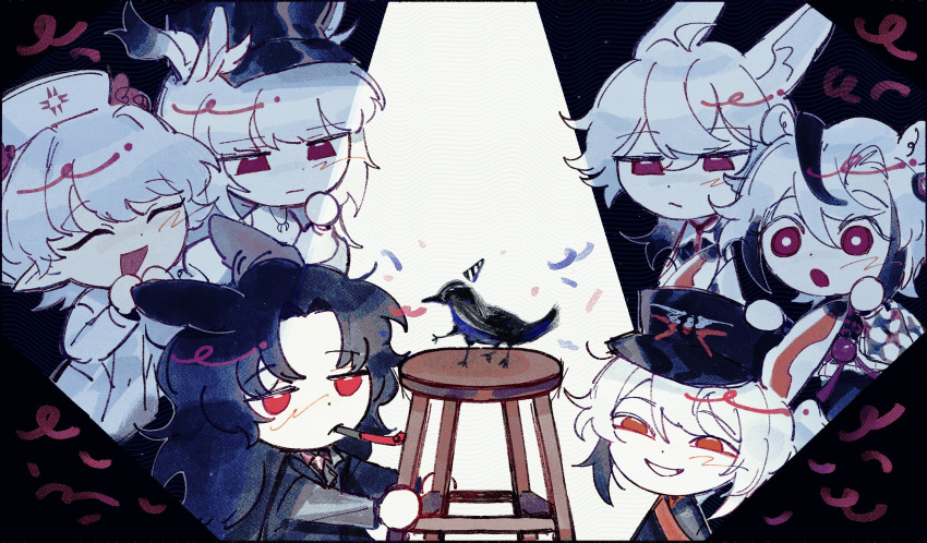 2boys, 4girls, antlers, bell_(crrn), bird, black_hair, chair, colored_skin, crow, deer_antlers, deer_girl, eden_(crrn), faust_(crrn), grin, highres, horns, logos_(crrn), long_hair, looking_at_another, looking_at_viewer, multicolored_hair, multiple_boys, multiple_girls, netsururuw, nurse_(crrn), original, pointy_ears, red_eyes, rei_(crrn), short_hair, smile, streaked_hair, white_hair, white_skin
