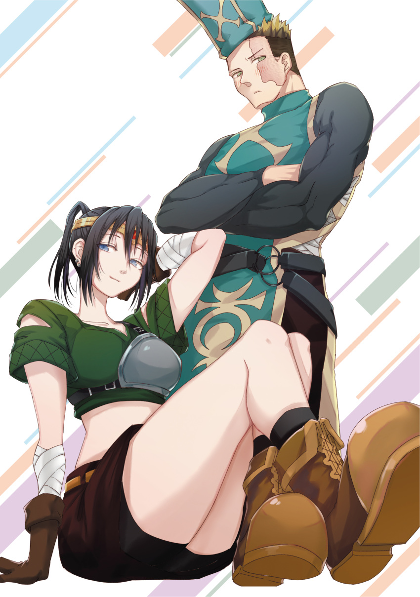 1boy, 1girl, absurdres, anemone_(kizetsu_yuusha), black_hair, blue_eyes, boots, gloves