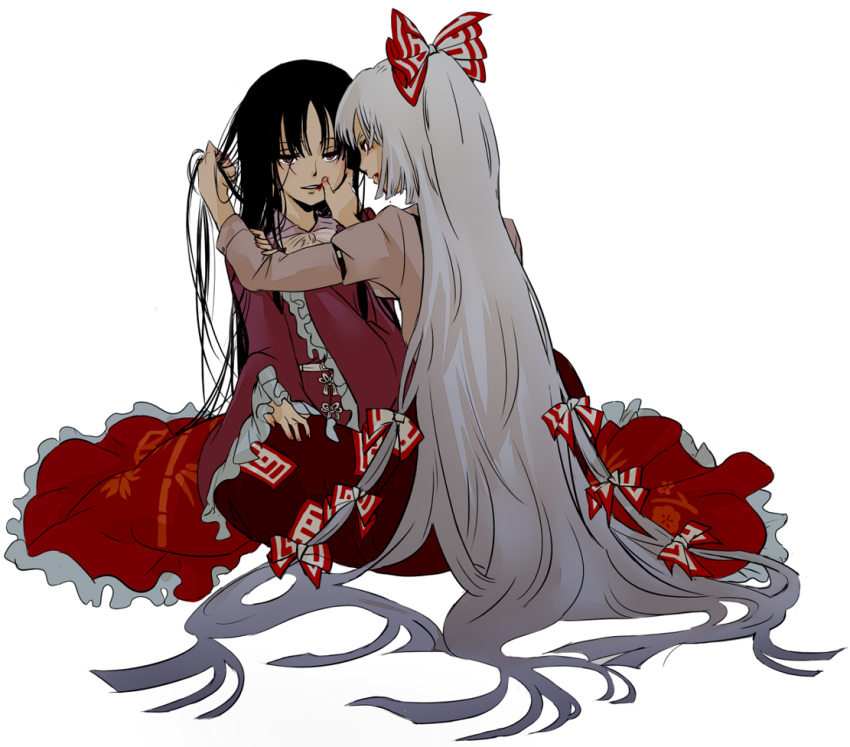 bamboo, black_hair, blood, bow, dress, flower, fujiwara_no_mokou, hair_bow, hair_grab, hair_ornament, houraisan_kaguya, japanese_clothes, long_hair, midou, mouthbleed, multiple_girls, open_mouth, pants, ponytail, red_eyes, sitting, touhou, very_long_hair, white_hair, yuri