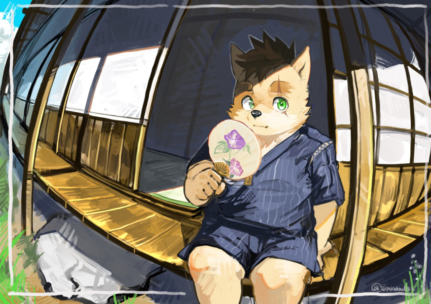 1boy, animal_ears, artist_name, black_kimono, blue_sky, closed_mouth, clouds, commentary_request
