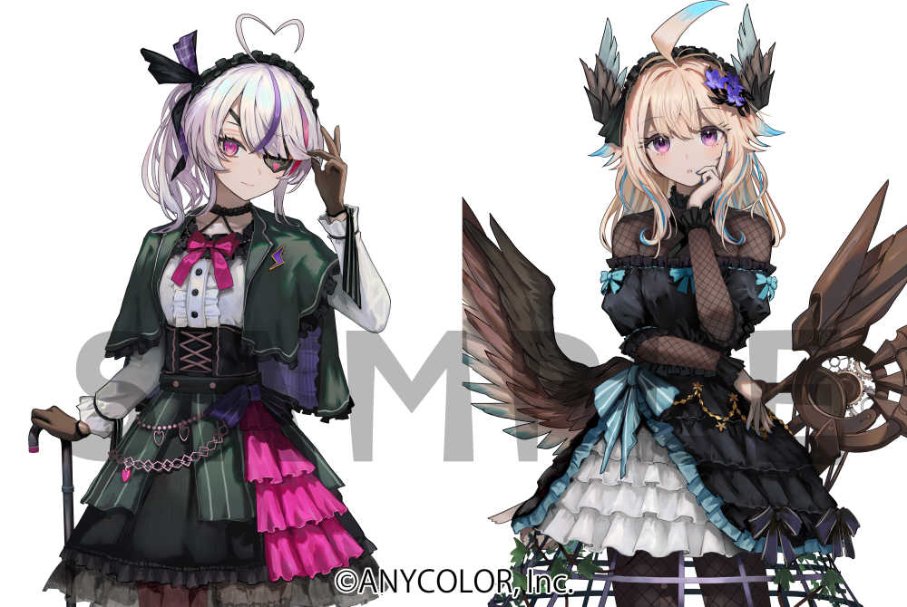 2girls, ahoge, alternate_costume, black_corset, black_dress, black_skirt, blonde_hair, blue_hair
