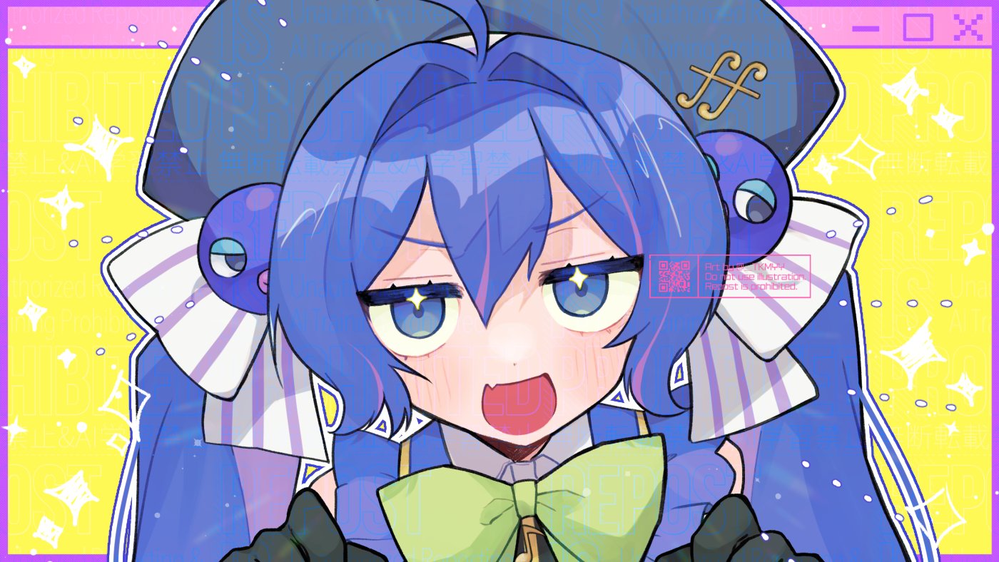 1girl, :d, ahoge, black_gloves, blue_eyes, blue_hair, blue_vest, blush
