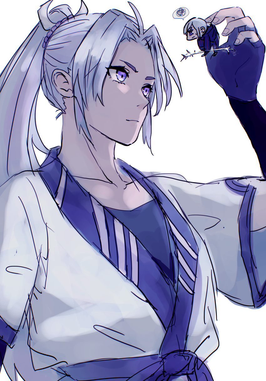 absurdres, ahoge, belt, black_shirt, blue_eyes, blue_gloves, blue_hair, blue_pants