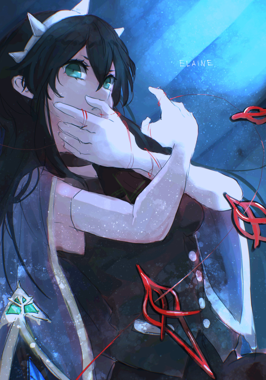 1girl, absurdres, arms_up, black_hair, black_skirt, blue_background, breasts, cape, character_name, elbow_gloves, gloves, gradient_background, green_cape, green_eyes, hair_between_eyes, highres, lo_po_bia_elaine, long_hair, looking_at_viewer, parted_lips, shirt, sidelighting, simple_background, skirt, sleeveless, sleeveless_shirt, solo, spyairi, string, teeth, tiara, tower_of_god, white_gloves