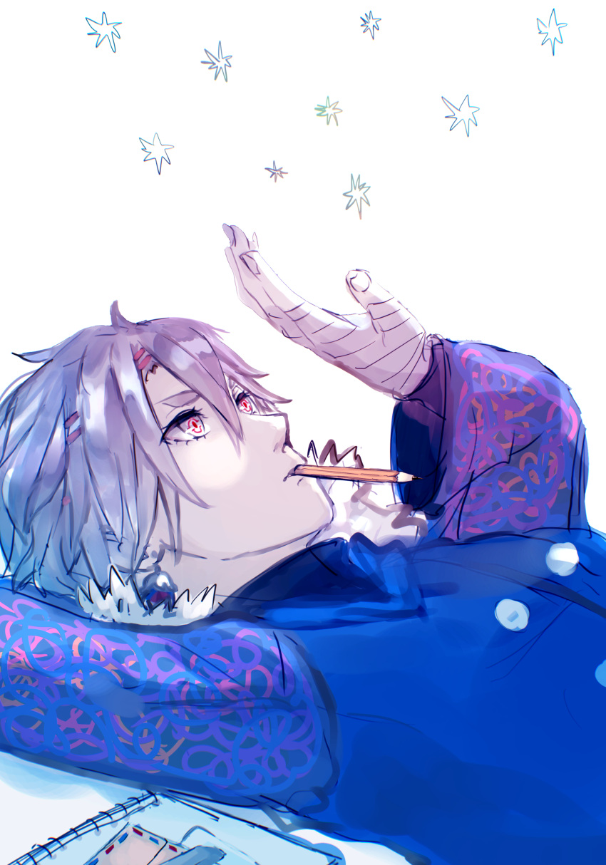1boy, absurdres, blue_coat, coat, david_hockney, earrings, fingernails, fur-trimmed_coat