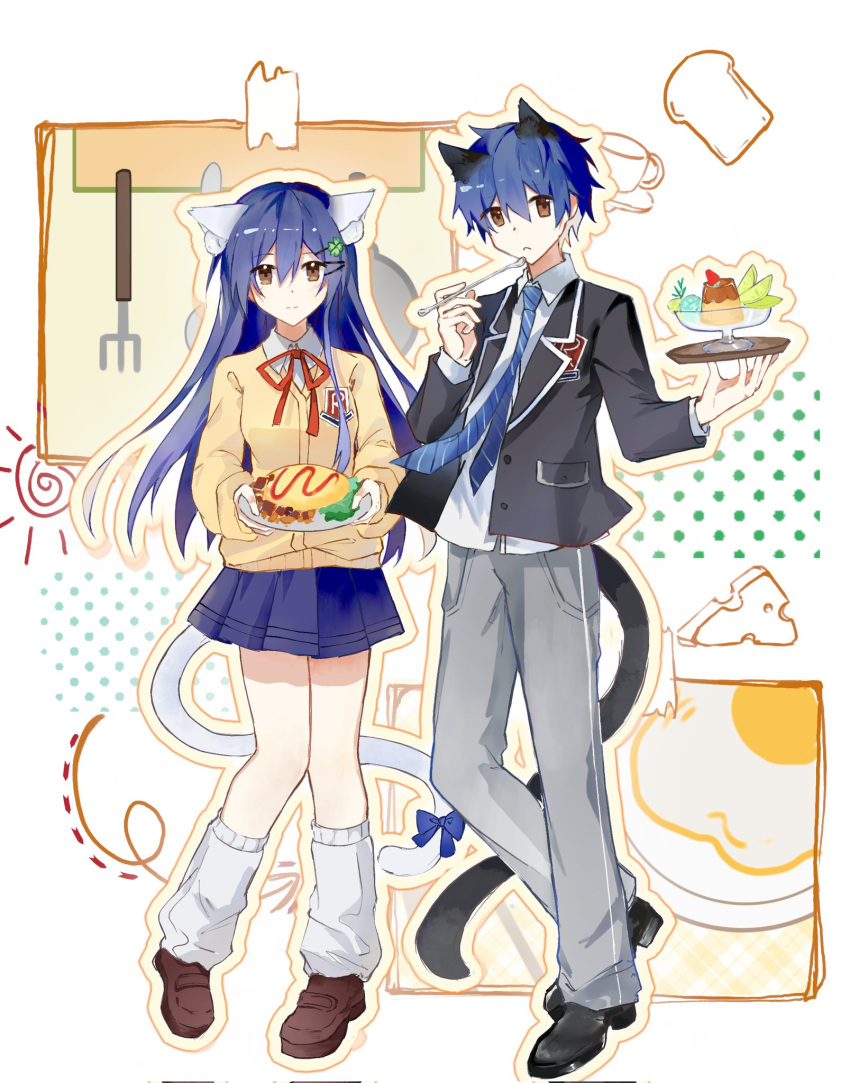 1boy, 1girl, animal_ears, black_shoes, blue_hair, blue_necktie, blue_skirt, brown_eyes