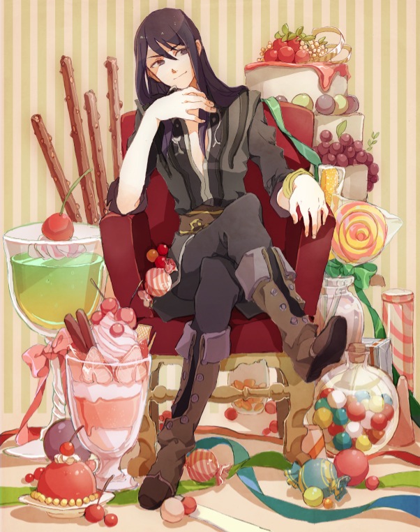 bad_id, black_eyes, black_hair, boots, bow, bracelet, bubblegum, cake
