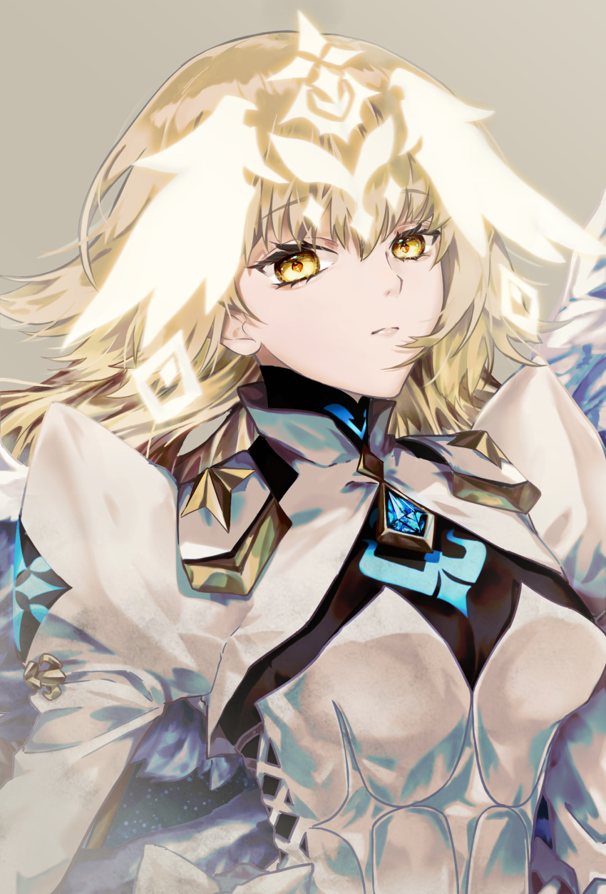 1girl, angel, angel_wings, blonde_hair, collared_shrug, dress, fate/grand_order, fate_(series), feathered_wings, headpiece, highres, jeanne_d'arc_(fate), juliet_sleeves, long_hair, long_sleeves, looking_at_viewer, metatron_jeanne_(fate), metatron_jeanne_(third_ascension)_(fate), minako_larima, puffy_sleeves, shrug_(clothing), solo, white_dress, wings, yellow_eyes