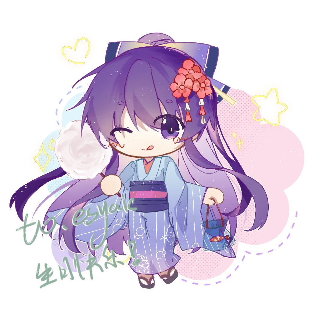 1girl, blue_kimono, bow, chibi, cotton_candy, date_a_live, flower, hair_bow