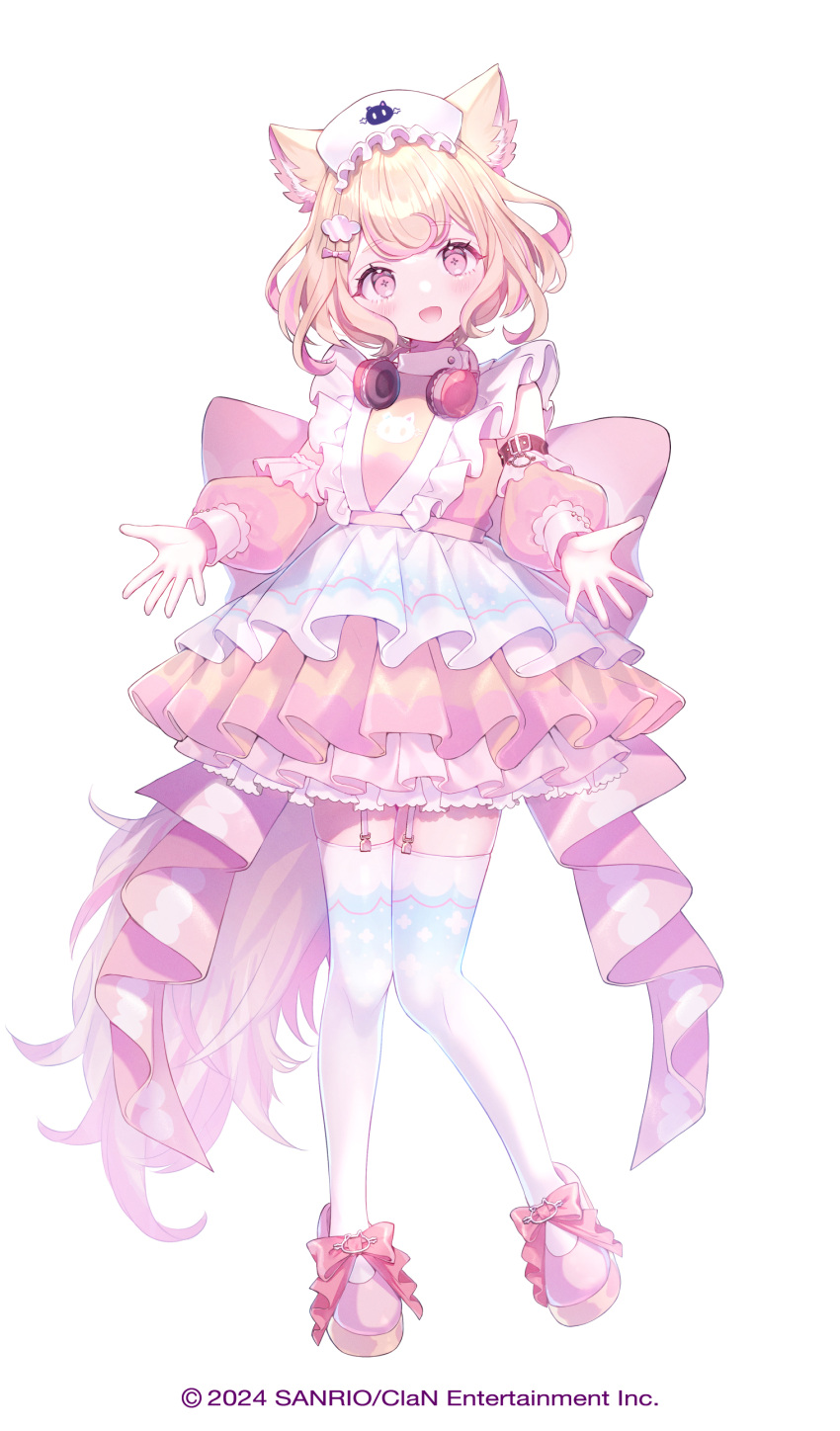 1girl, :d, absurdres, animal_ear_fluff, animal_ears, back_bow, bare_shoulders, blonde_hair