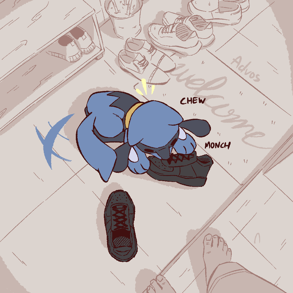 advos, artist_name, barefoot, black_fur, black_shoes, blue_fur, pokemon, pokemon_(creature)