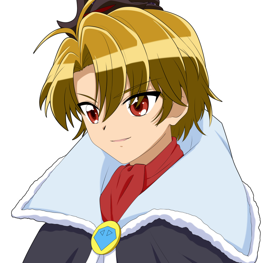 1boy, absurdres, ascot, black_cloak, black_crown, blonde_hair, bright_(futagohime), brown_eyes