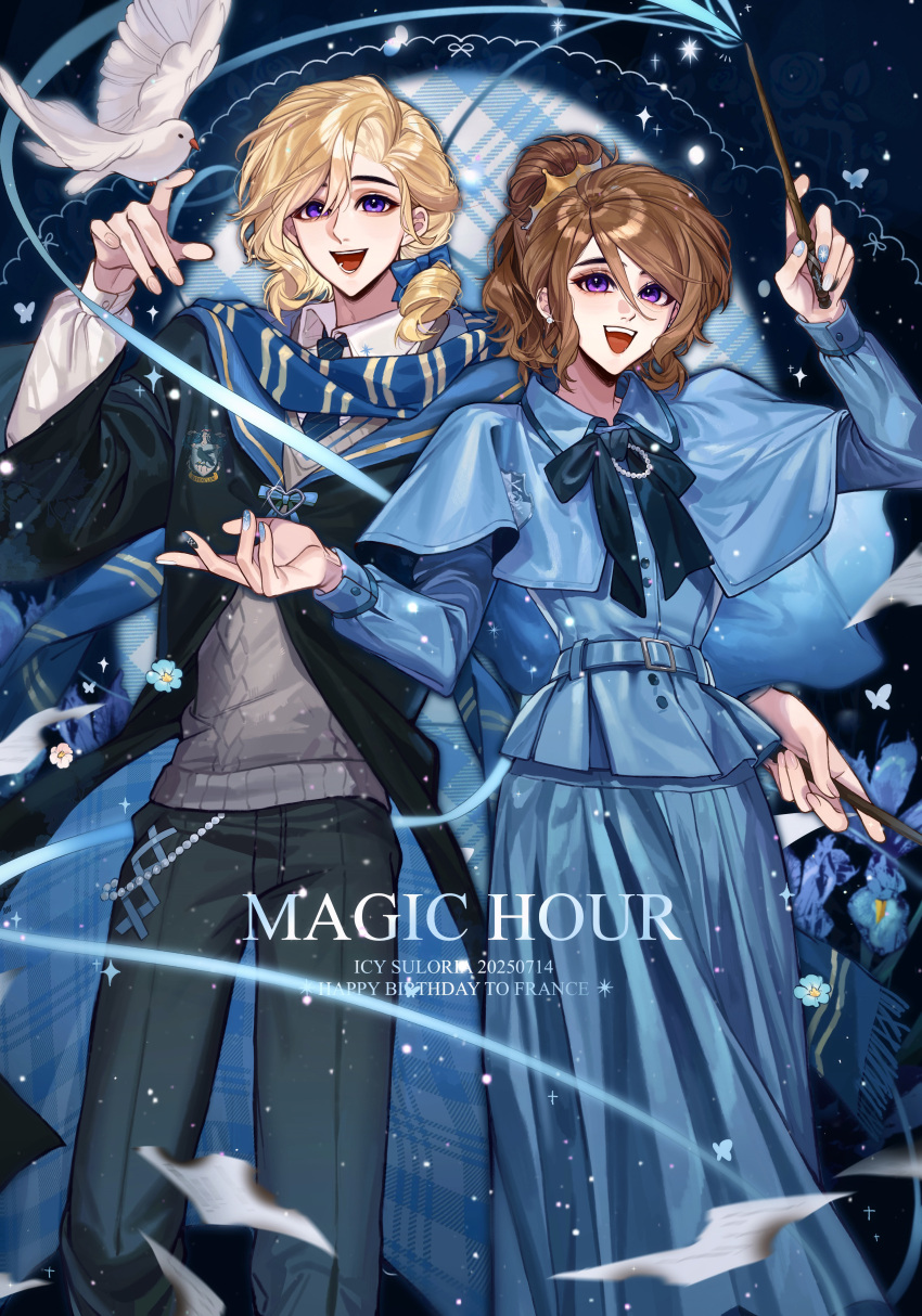 1boy, 1girl, absurdres, axis_powers_hetalia, beauxbatons_school_uniform, belt, bird, blonde_hair