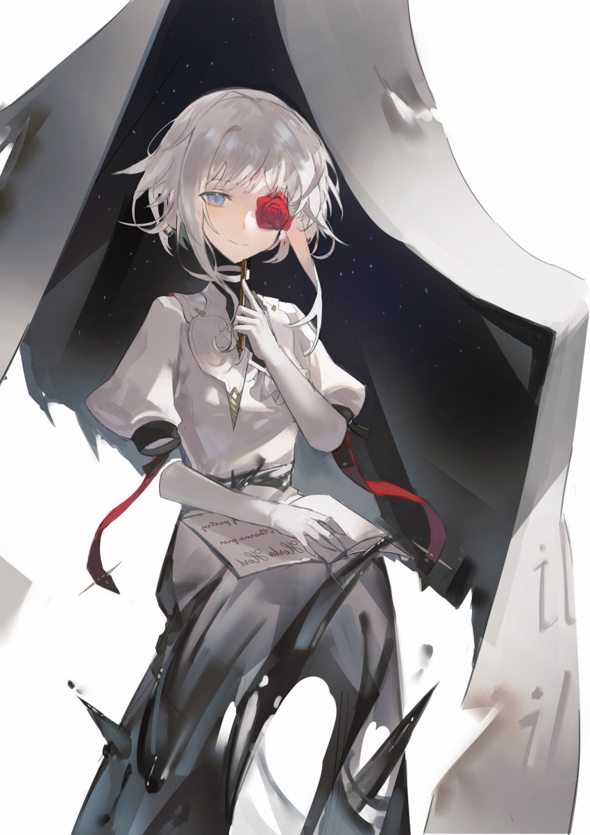 1girl, absurdres, black_skirt, blue_eyes, cod_fish_burger, flower, flower_over_eye, gloves