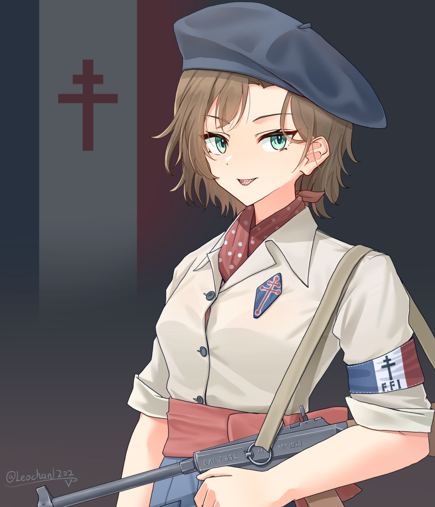 1girl, absurdres, aqua_eyes, armband, artist_name, beret, black_hat, blue_pants