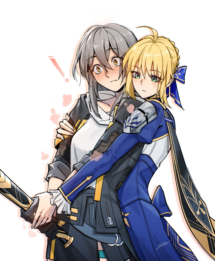 !, 2girls, absurdres, ahoge, artoria_pendragon_(fate), baseball_bat, black_gloves, black_jacket, blonde_hair, blue_dress, blue_ribbon, braid, commentary, dress, english_commentary, expressionless, fate/stay_night, fate/unlimited_blade_works, fate_(series), fingernails, gloves, green_eyes, grey_hair, hair_ribbon, highres, holding, holding_baseball_bat, honkai:_star_rail, honkai_(series), hood, hood_down, jacket, long_hair, multiple_girls, official_alternate_costume, open_clothes, open_jacket, real_sixer121, ribbon, saber_(fate), saber_(honkai:_star_rail)_(fate), short_hair, simple_background, stelle_(honkai:_star_rail), sweatdrop, trailblazer_(honkai:_star_rail), white_background, yuri