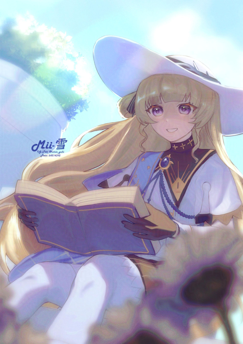 1girl, absurdres, black_gloves, blonde_hair, blue_sash, blue_sky, blurry, blurry_foreground