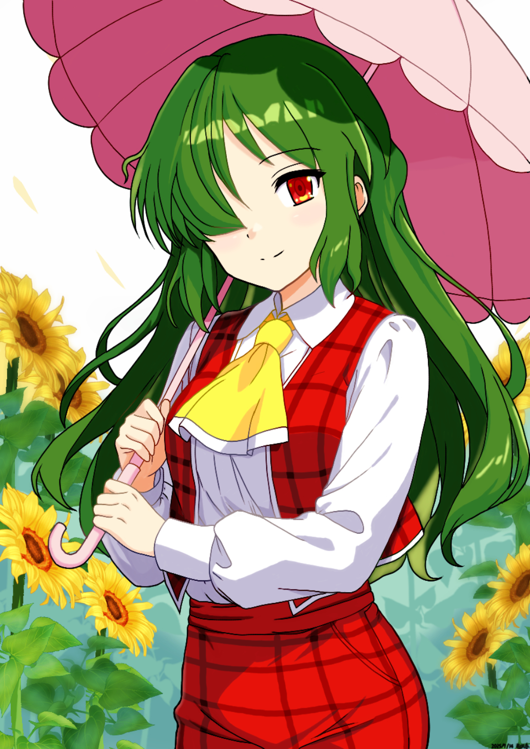 1girl, ascot, breasts, closed_mouth, collared_shirt, commentary_request, flower, green_hair, highres, holding, holding_umbrella, kazami_yuuka, long_hair, looking_at_viewer, mist9801km, open_clothes, open_vest, outdoors, parasol, plaid_clothes, plaid_skirt, plaid_vest, red_eyes, red_skirt, red_vest, shirt, skirt, skirt_set, smile, solo, sunflower, touhou, touhou_(pc-98), umbrella, very_long_hair, vest, white_shirt, yellow_ascot, yellow_flower