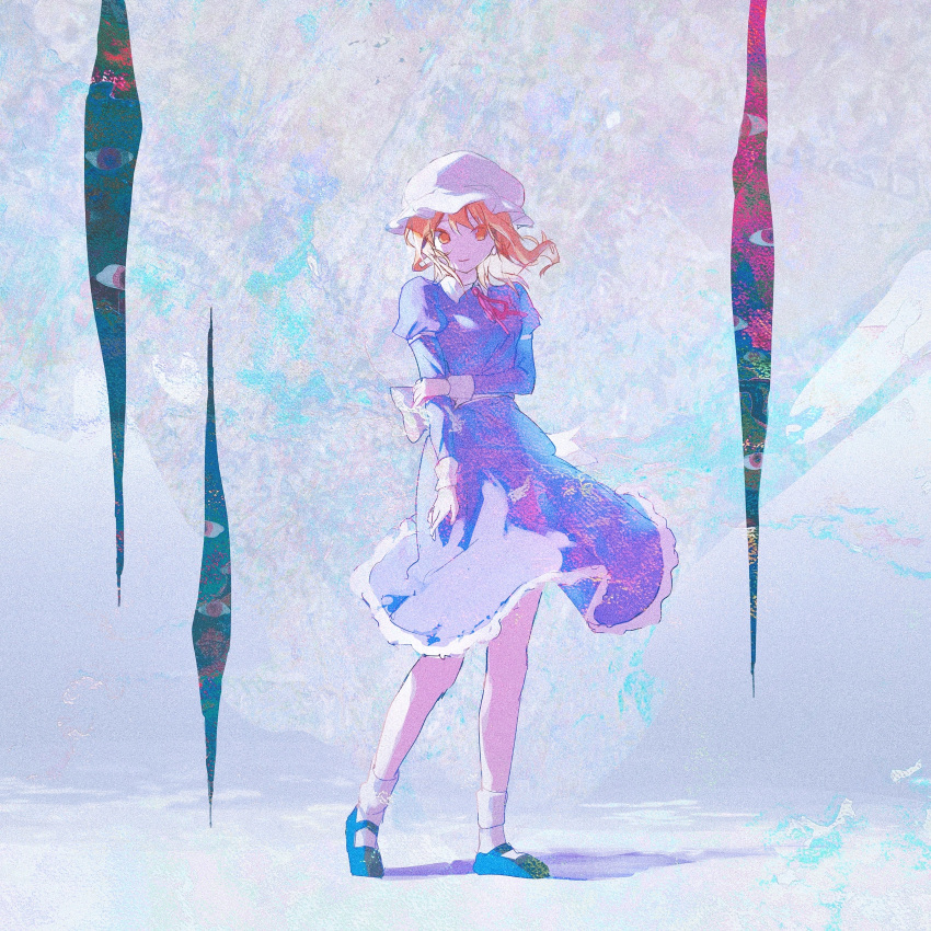 absurdres, arm_at_side, back_bow, black_shoes, blonde_hair, bow, circle_yomado, dress