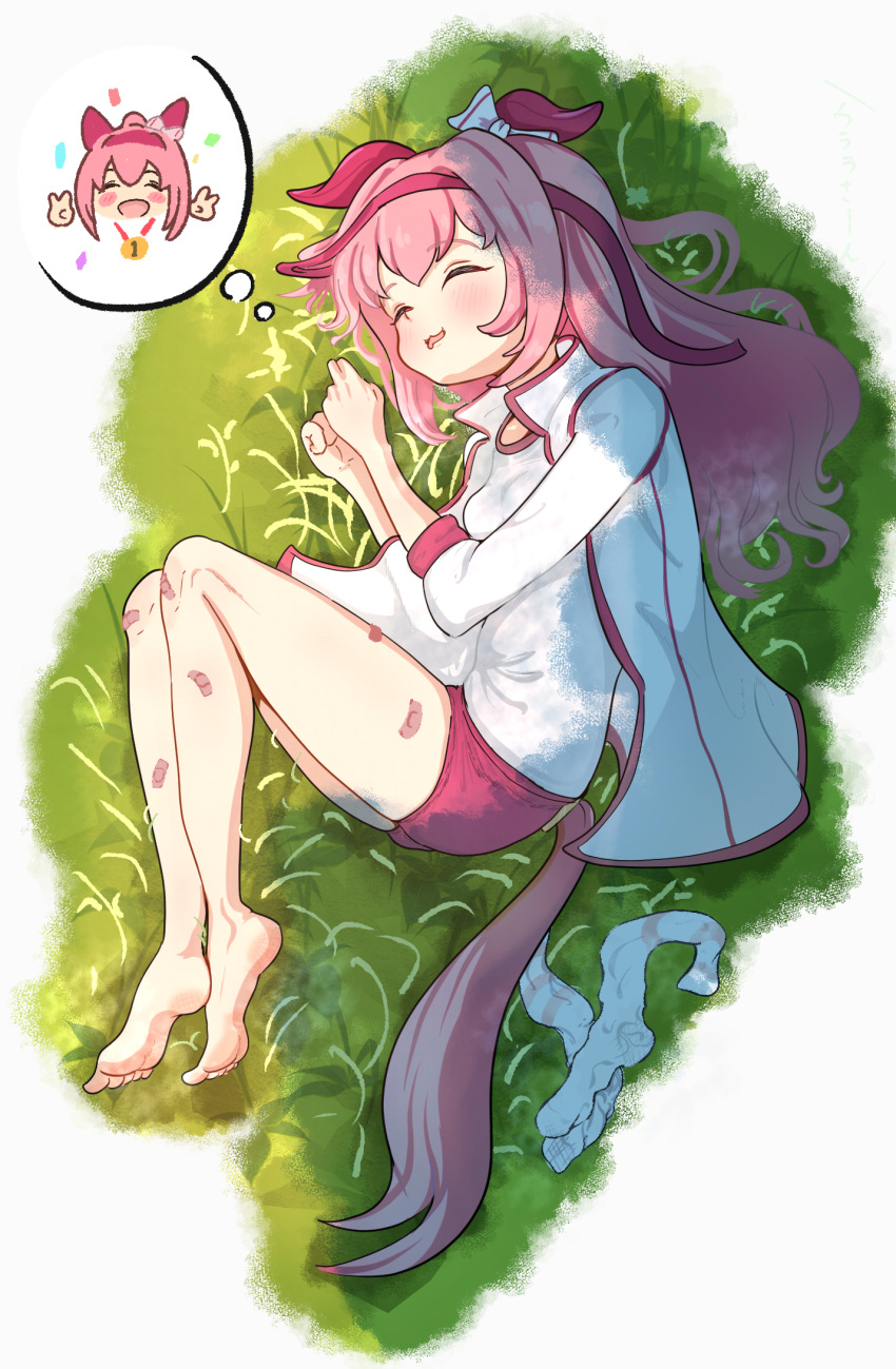 1girl, :3, ^_^, bandaid, bandaid_on_leg, bandaid_on_thigh, blush, buruma, closed_eyes, commentary_request, confetti, dappled_sunlight, double_v, dreaming, drooling, feet, grass, gym_uniform, hair_down, hairband, haru_urara_(umamusume), highres, horse_girl, itsuyoitsuyo, jacket, long_hair, long_sleeves, lying, medal, mouth_drool, on_side, outdoors, parted_lips, red_buruma, red_hairband, shirt, sleeping, socks, soles, solo, speech_bubble, sunlight, thighs, thought_bubble, toes, umamusume, unworn_socks, v, white_jacket, white_shirt