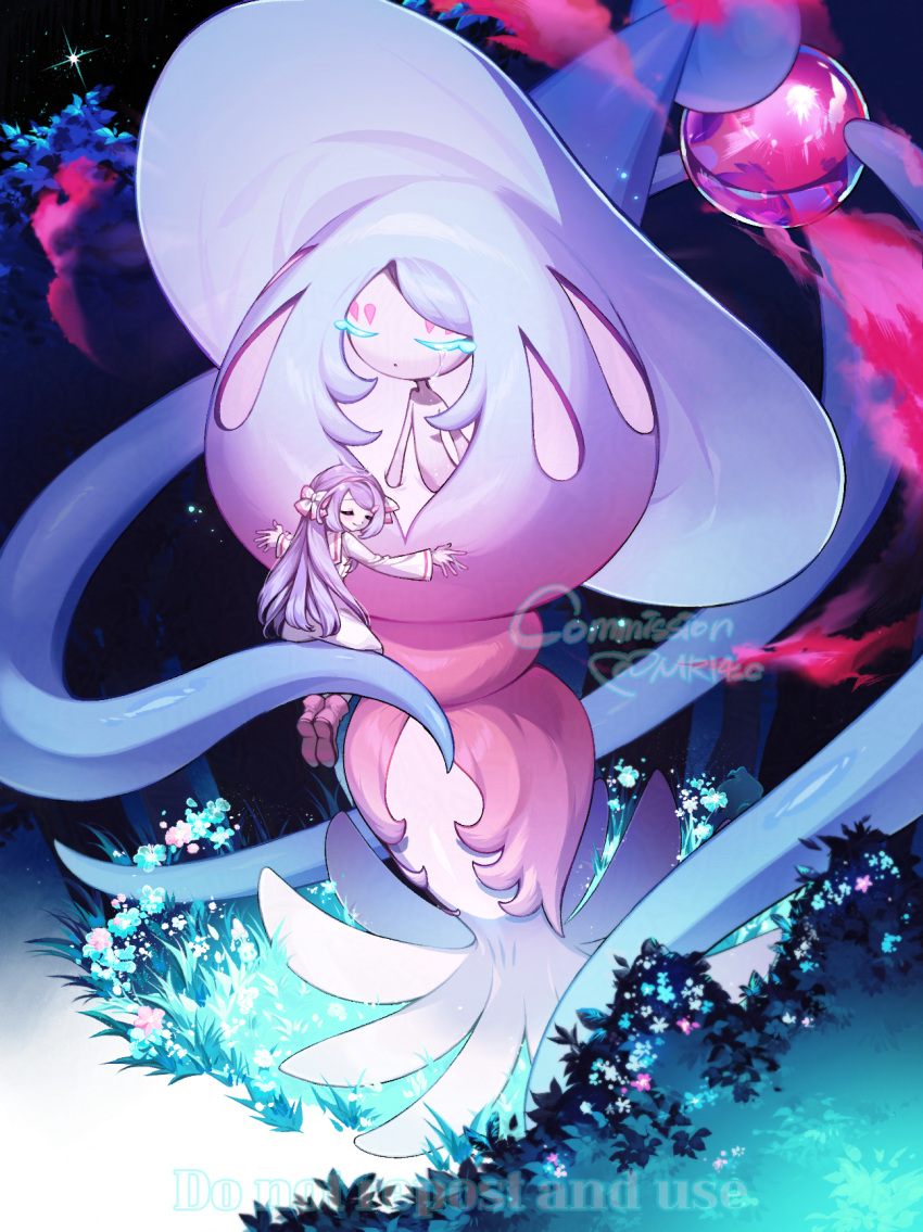 2girls, absurdly_long_hair, adversarial_noise, arms_at_sides, arms_up, artist_name, blue_flower, blue_hair, blue_hat, boots, bow, closed_eyes, closed_mouth, colored_eyelashes, colored_skin, commentary, commission, crying, dot_mouth, dress, dynamax, english_commentary, english_text, flat_chest, flower, full_body, gigantamax, gigantamax_hatterene, glowing_flower, gradient_hair, grass, hair_bow, hair_ornament, hairband, hairclip, happy, hat, hatterene, highres, hug, long_hair, long_sleeves, multicolored_hair, multiple_girls, night, original, outdoors, pink_boots, pink_flower, pink_hair, pink_hairband, pokemon, pokemon_(creature), purple_hair, sidelocks, signature, sitting, size_difference, smile, smoke, sok_(mr14_c), standing, star_(sky), swept_bangs, tears, twitter_username, two-tone_hair, u_u, very_long_hair, watermark, white_bow, white_dress, white_skin, witch_hat