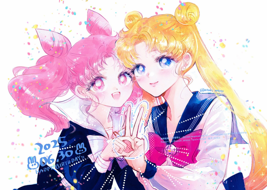 2girls, bishoujo_senshi_sailor_moon, blonde_hair, blue_eyes, bow, chibi_usa, cone_hair_bun, dolcexxx, double_bun, hair_bun, highres, juuban_elementary_school_uniform, long_hair, multiple_girls, pink_hair, red_bow, red_eyes, school_uniform, short_hair, tsukino_usagi, twintails, v, very_long_hair