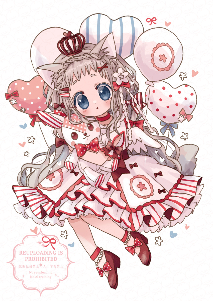 1girl, absurdres, animal_ears, balloon, blonde_hair, blue_eyes, bow, braid