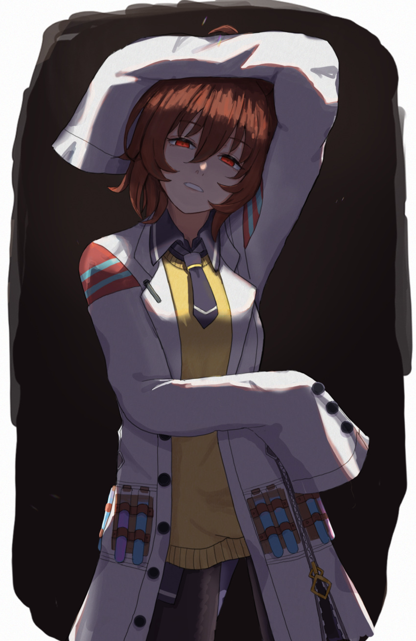 1girl, agnes_tachyon_(umamusume), ahoge, atyattyan, black_necktie, black_pantyhose, black_shirt, brown_hair