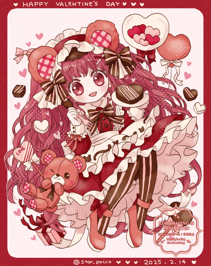 1girl, absurdres, animal_ears, apron, bear_ears, border, bow, cake