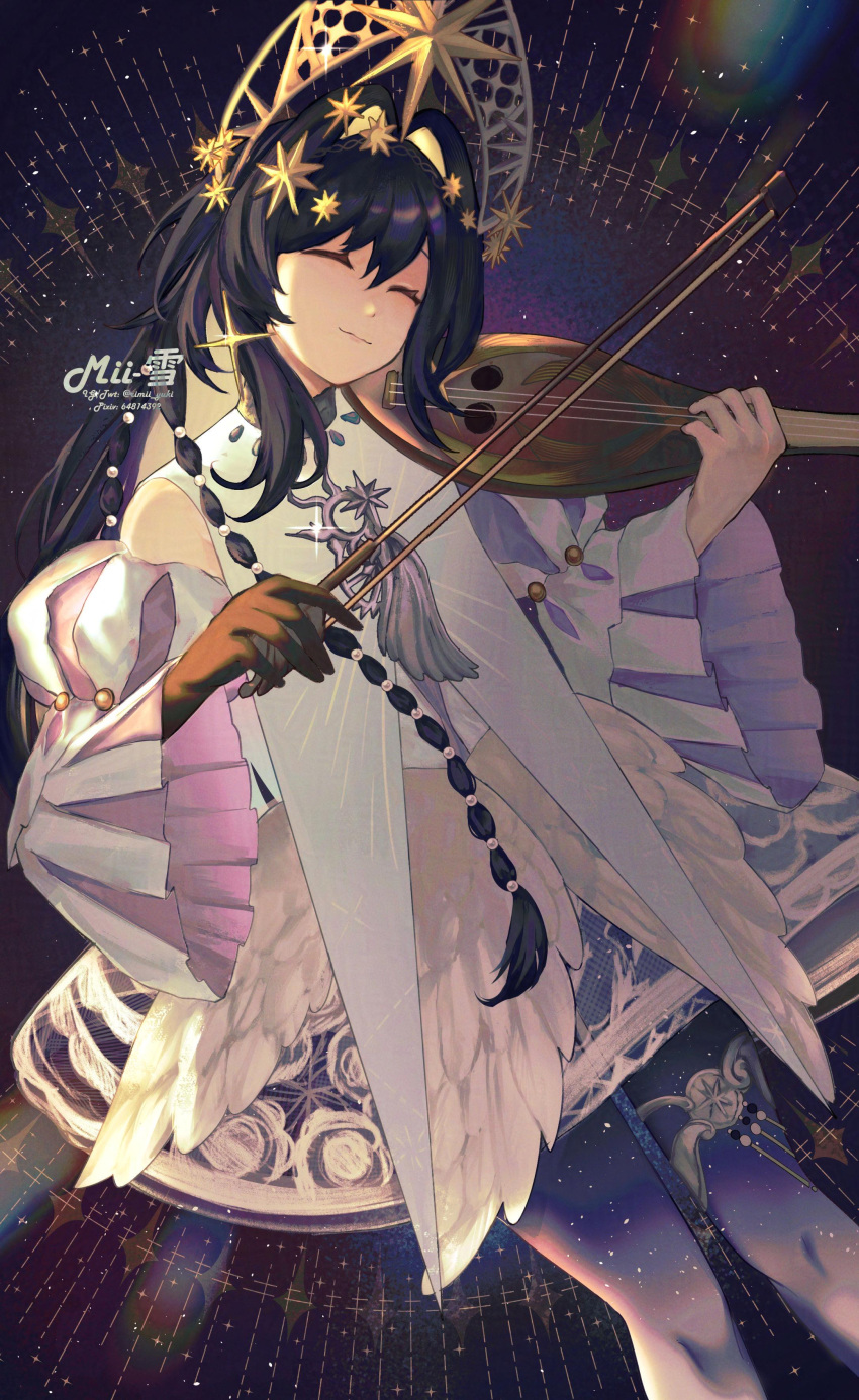 1girl, ^_^, absurdres, artist_name, black_gloves, blonde_hair, blue_background, blue_hair