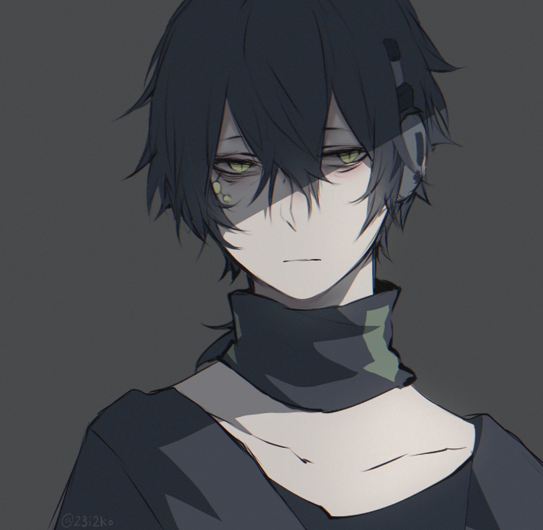 1boy, 23i2ko, :|, bags_under_eyes, black_hair, black_shirt, closed_mouth, collar