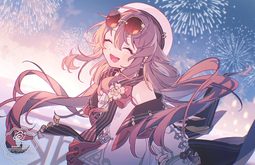 1girl, anetu_u107, closed_eyes, commentary_request, fireworks, genshin_impact, highres, hu_tao_(genshin_impact)