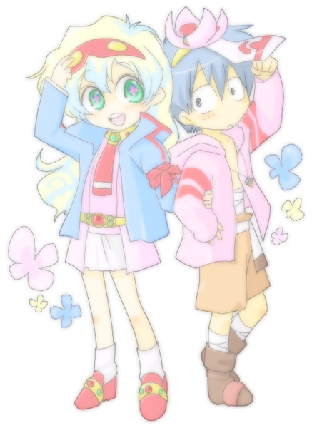 +_+, arm_grab, blue_hair, core_drill, cosplay, costume_switch, flower, goggles