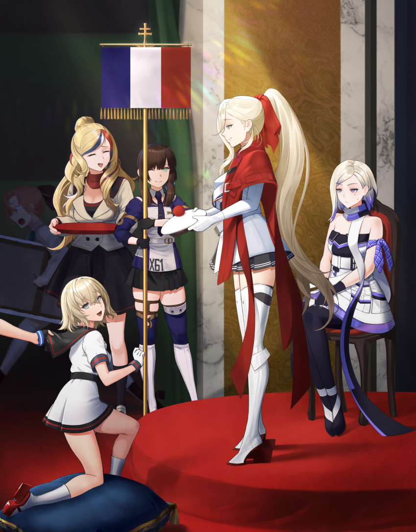 6+girls, akigumo_(kancolle), beret, black_gloves, black_skirt, blonde_hair, blue_eyes, blue_hair