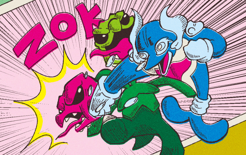 2others, battle, commentary_request, dolphin, don2fbaka, gloves, jet_punch_(pokemon), multiple_heads, multiple_others, no_humans, open_mouth, palafin, palafin_(hero), parody, pokemon, pokemon_(creature), pokemon_focus, pokemon_move, punching, retro_artstyle, scovillain, sound_effects, style_parody, textless_version, tongue, tongue_out, western_comics_(style)