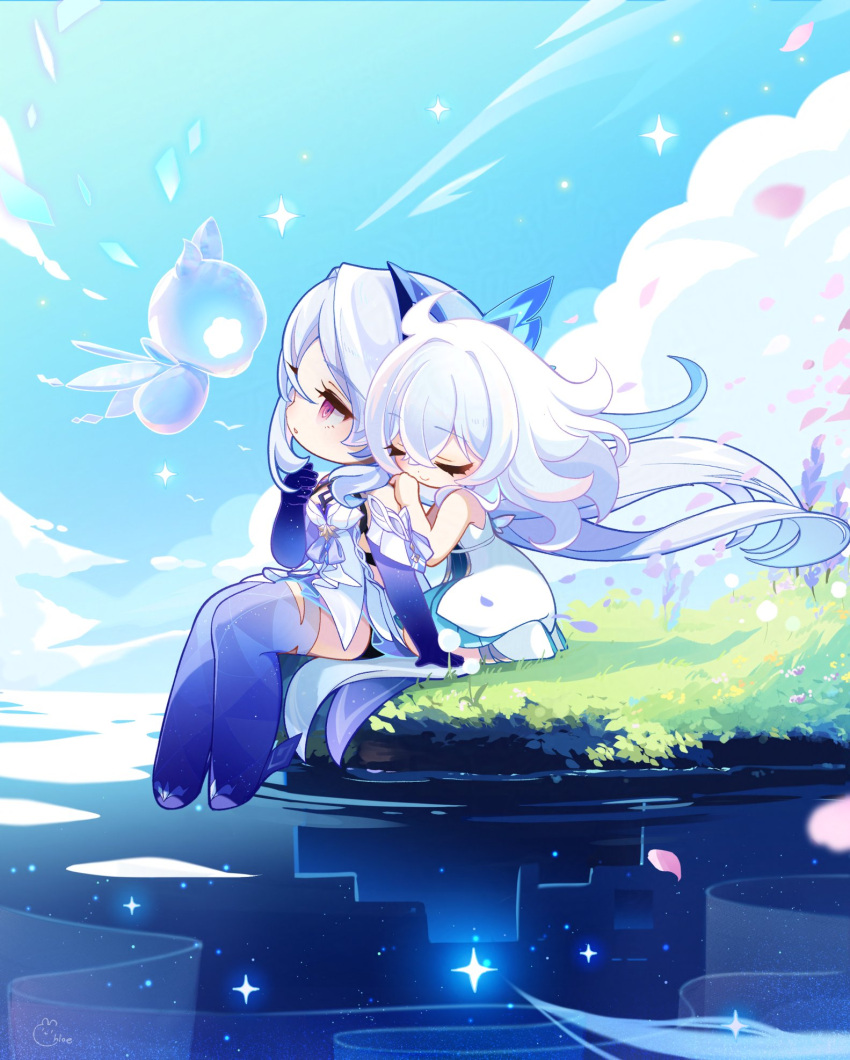 2girls, blue_gloves, blue_thighhighs, chibi, chibi_only, closed_eyes, closed_mouth, commentary_request