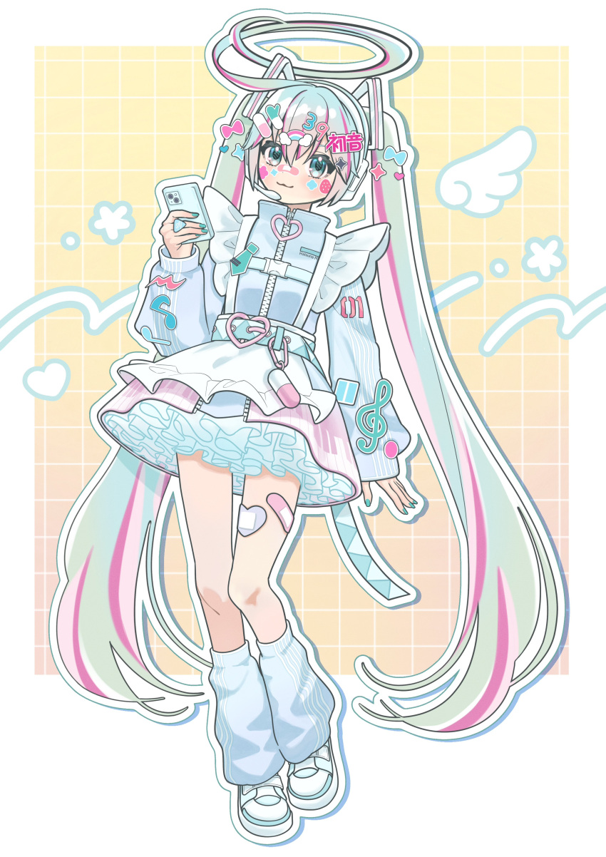 1girl, 39, absurdres, ahoge, aqua_hair, belt, cellphone, commentary_request