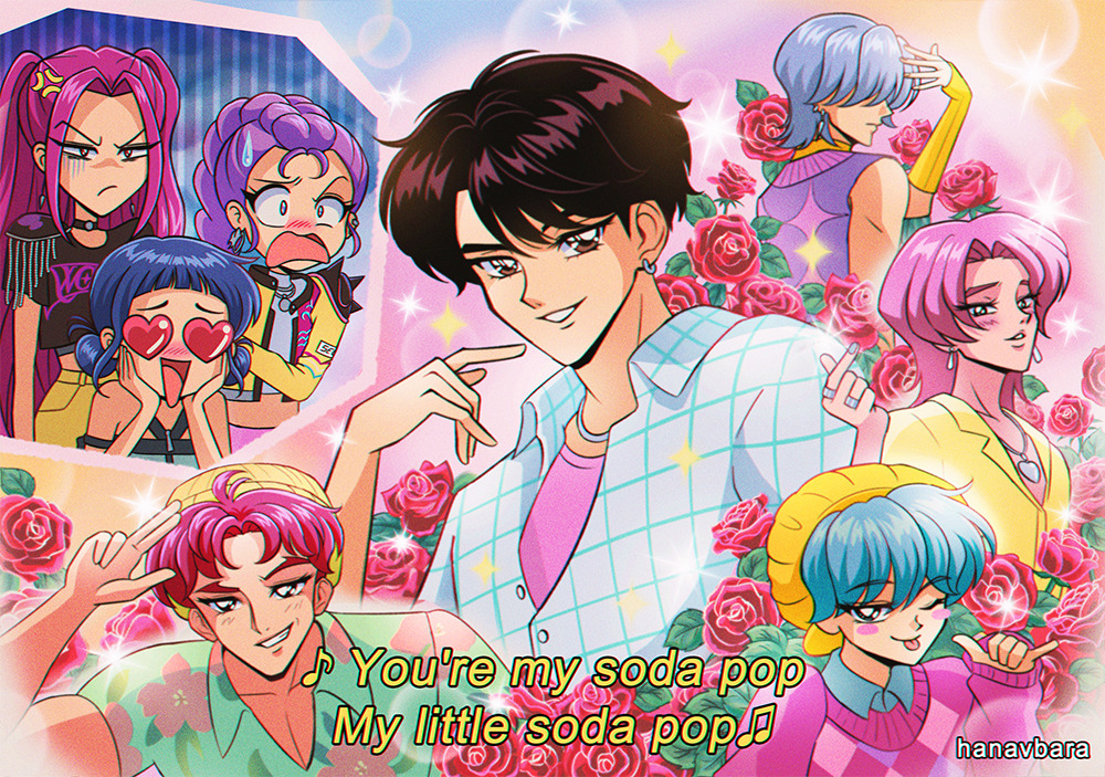 1990s_(style), 3girls, 5boys, ;p, \m/, abby_(kpop_demon_hunters), anger_vein, artist_name