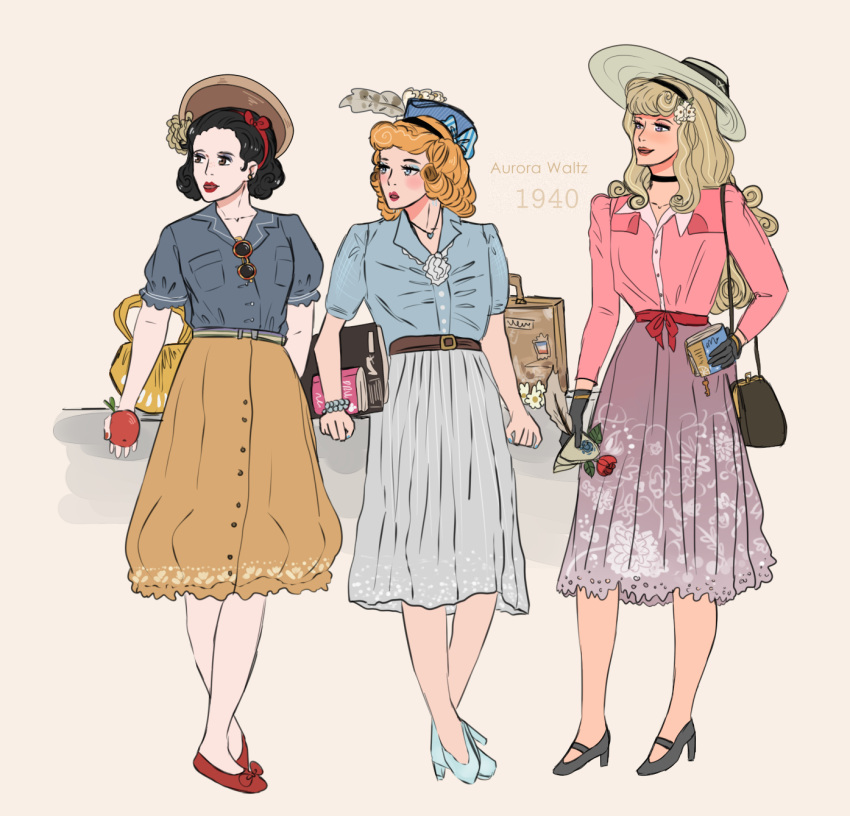 1940, 1940s_(style), 3girls, aurora_(disney), aurora_williams, black_hair, blonde_hair, blue_eyes
