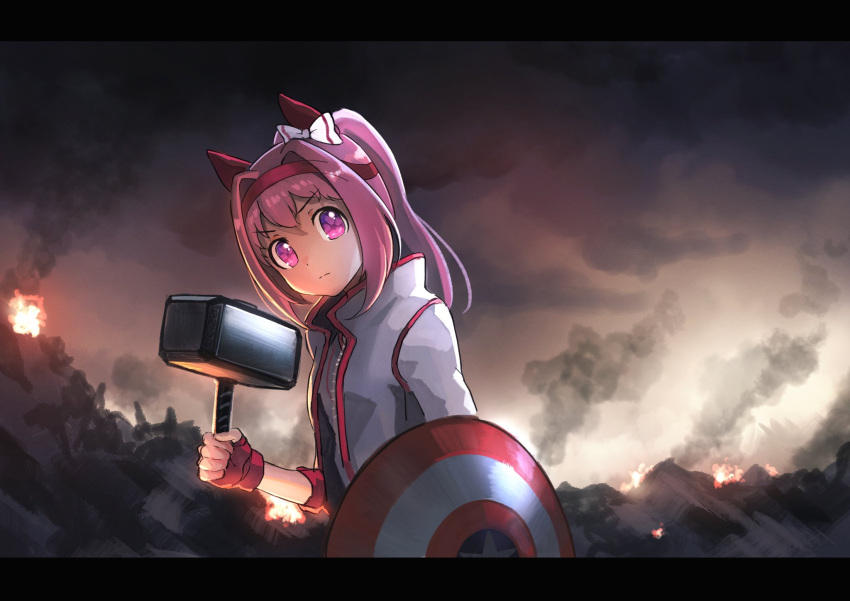 1girl, animal_ears, bow, captain_america's_shield, closed_mouth, commentary, ear_bow, ear_covers